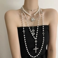 Detailed layered white pearl necklaces with vintage heart and cross silver pendants - Artificial Pearl Layered Cross Style (X5480)