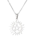 Macro shot of silver stainless steel sunburst pendant with a pentagram center star - Pentagram Sun Style (796 Steel)