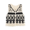 Dettaglio del gilet in maglia boho con ricami etnici e frange lunghe sull'orlo - S / Nero