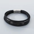 Men's multi-layer black braided leather bracelet with silver magnetic clasp and metal bar - Silver Brushed Buckle Black Plate Style (KB205352-JR)