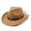 Close-up of camel felt cowboy hat with brown leather band and turquoise bead detailing - M (56-58cm) / Khaki