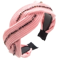 Dettaglio di cerchietto in velluto a righe rosa con strass viola e punte imbottite - Rosa