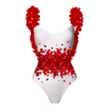 White V-neck one-piece swimsuit featuring 3D red rose floral appliques on shoulders and waist - S / Red One-Piece