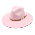 Pink wide brim wool fedora hat for women with brown leather band and gold buckle - M / Pink