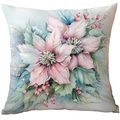 Mint green Christmas pillow cover with elegant floral poinsettia and holly leaf pattern - Two Blooming Poinsettias