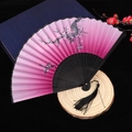 Pink gradient folding fan with plum blossom patterns and black carved bamboo ribs - No. 63