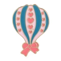 Pink and teal enamel hot air balloon brooch with heart patterns and golden trim - Heart Decorated Balloon