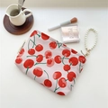 Pink canvas cosmetic bag with cherry print and elegant pearl handle strap accessory - Red Cherry