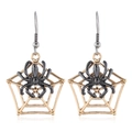 Halloween spider and web drop earrings in gold and black finish with silver hooks - Spider
