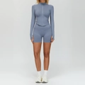 Ensemble de yoga sans couture bleu-gris avec veste à manches longues et short galbant - S / Haut Et Bas / Ensemble 2 Pièces (Veste+Short) / Bleu aster