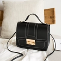 Black rectangular PU leather handbag with white stitching and golden lock detail - Black