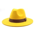 Detail of a yellow wool fedora hat featuring a brown leather band on white background - M (56-58cm) / Yellow