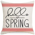 Beige linen pillow cover with pink stripes and 'hello SPRING' text design - 18x18 Inch / Hello Spring Pink Stripes (LYD395-4)