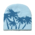 Close-up of light blue knitted beanie with plush texture and dark blue palm tree pattern - M(56-58cm) / Sky Blue