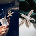 Clip de pelo de estrella de mar con perlas elegantes y pedrería brillante en metal oro - Pinza de pico de pato de estrella de mar con perlas