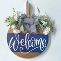 Round wooden welcome door sign with blue-white bow and artificial green plants decoration - Diameter 30cm / Wood/Navy/White