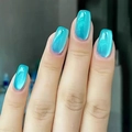 Classic blue cat eye press-on nails in short square shape with glossy magnetic effect - Tiffany Blue Cat Eye Square Style (CW625) / Jelly Glue + Nail File