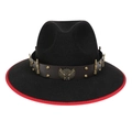 Black wide brim cowboy hat with red trim and vintage eagle metal buckle detail - M (56-58cm) / Black (91 Series Dual Guns Wings Badge Decor)
