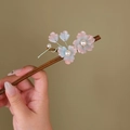 Bamboo hair stick with pink and blue gradient flowers and white pearls decoration - Pearl Pink Blue (S398)