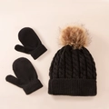 Winter cable knit beanie with brown faux fur pom-pom and matching black mittens set - Black 2-Piece Set
