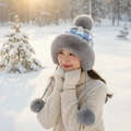 Women's blue and grey winter knit trapper hat with pom-pom and earflaps in snow - Pocket Multi-Pom Style / Gray