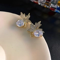 Elegant gold maple leaf stud earrings with sparkling crystals and large oval stones - E5239 Silver Pin-Gold