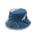 Detail of distressed patchwork denim bucket hat with fringe edges and retro street style - M (56-58cm) / Blue