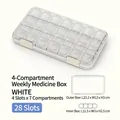 Weekly 28-compartment pill organizer with 4 daily sections and clear size dimensions - U477 White 28-Grid