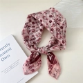 Pink floral cotton linen scarf tied as a bow on a white desk with aesthetic props - 58*58cm / 23 Stripe Base-Iris Pink
