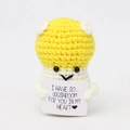Handmade crochet mushroom doll in yellow and white holding a positive message card - Yellow Mushroom with Heart Card