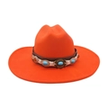 Sombrero jazz de lana naranja premium con ala plana étnica y banda de piedras turquesa - Naranja