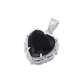 Macro shot of silver heart pendant featuring a black gemstone and micro-paved crystals - Platinum Black Zirconia