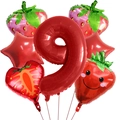 Detail of red 32 inch number 9 balloon with strawberry shaped foil party decorations - Smiling Strawberry Style (Set 9)