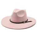 Detail of light pink faux suede fedora hat with brown braided cord and silver buckle - M (56-59cm) / Pink Suede