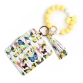 Butterfly print PU leather card holder with yellow and white silicone bead wristlet strap - 7 Yellow