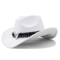 Detail of white felt cowboy hat with ethnic geometric band and silver bull skull buckle - M (56-58cm) Adjustable / White