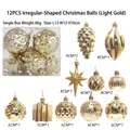 12-piece champagne gold Christmas ornament set with diverse shapes in a clear gift box - 12 Uniquely Shaped Christmas Balls (light Gold)