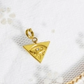 Golden triangle pendant featuring evil eye motif and clear crystal on lace background - Evil Eye Triangle