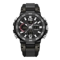 Black dual-display sports watch with silicone strap and 5 BAR water resistance feature - Black