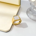 Detailed shot of golden ring featuring a square white shell inlay on a notebook edge - US 6 / Rectangular Shell