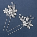 Silver bridal hair pins set with marquise rhinestones and pearls on blue background - HS-J6396 2Pcs Silver Navette Rhinestone Pearl Hair Pins