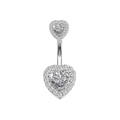 Detail of silver heart belly ring featuring white pavé zircons and a polished metal finish - Style 29-Double Layer Pavé Heart