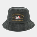 Detail of grey washed cotton bucket hat with 250th anniversary embroidery and metal eyelets - Style A Bucket Hat Army Green