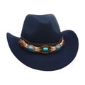 Navy blue western wool fedora with bohemian turquoise and amber gemstone hat band - Kids Size (52-54cm) / Navy Blue
