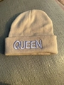 Beige knitted beanie hat featuring purple QUEEN embroidery for winter fashion - Beige White QUEEN