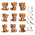Tijger thema feestdecoratie set met 9 cartoon tijger hangers en spiraalvormige slingers - 9 Stuks Tijger Spiraal Hanglabels