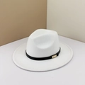 Elegant white wool felt fedora hat featuring a black belt with a gold metal buckle detail - M(57cm) / White (Black Metal Buckle)
