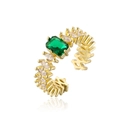 Close-up of gold-plated ring with emerald-cut green stone and marquise zircon accents - Adjustable Open / Gold with Green and White Zirconia (12568)