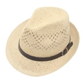 Men's breathable hollow straw jazz fedora hat with brown leather belt and metal buckle - One Size / Beige
