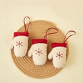 Three handmade cream and red felt glove ornaments with snowflake embroidery and red cords - White Gloves (3 Pcs/Pack)